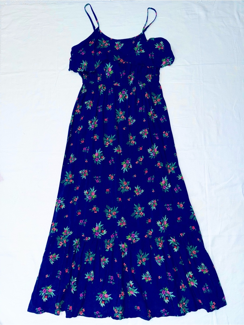 Peyton & Parker Floral Midi Dress Small Navy Blue Boho Ruffle Sundress